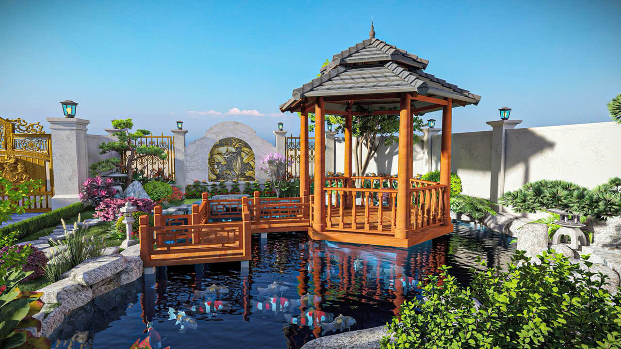 Tiểu cảnh với mái tre
