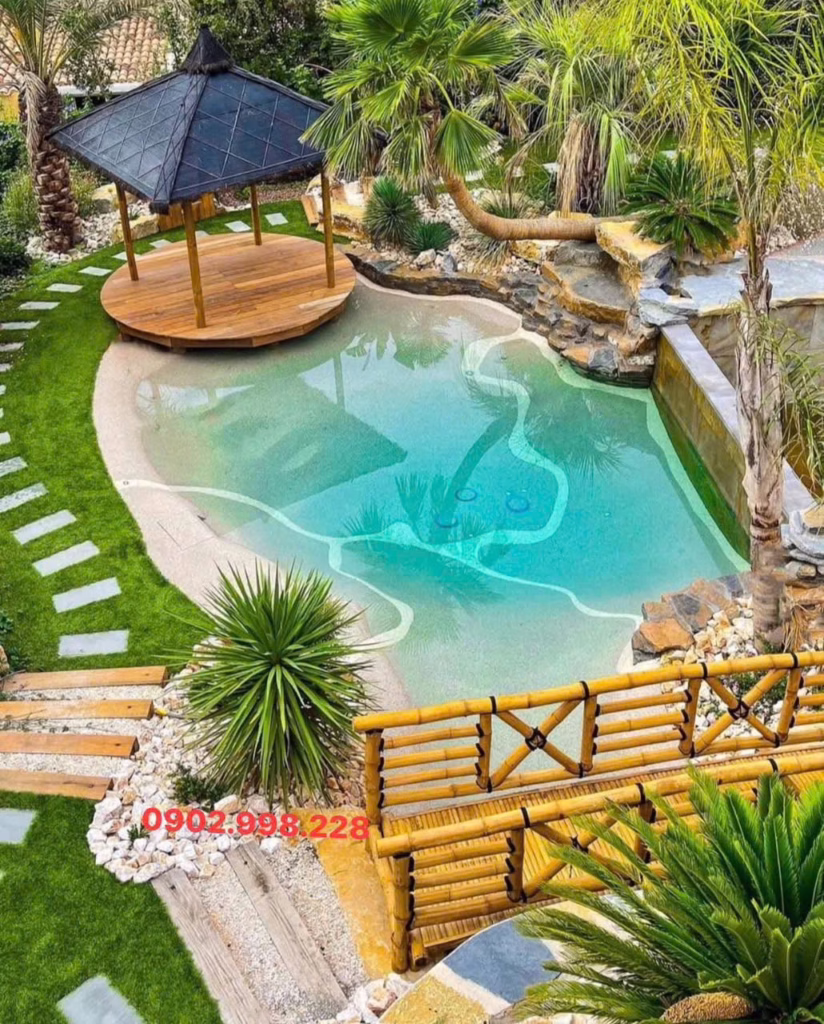 Thiết kế cảnh quan sân vườn đẹp mắt hồ bơi và chòi nghỉ dưỡng