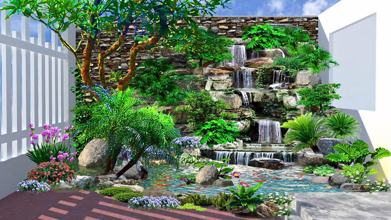 Tiểu cảnh thác nước trong vườn