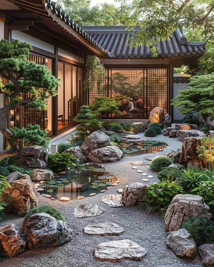 Mẫu bản vẽ 3D sân vườn phong cách Nhật Bản