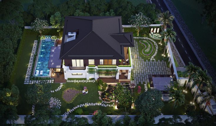 Mẫu bản vẽ sân vườn 3D biệt thự hiện đại
