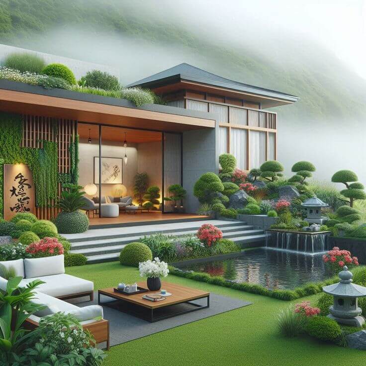 Sân vườn Nhật với hồ cá Koi