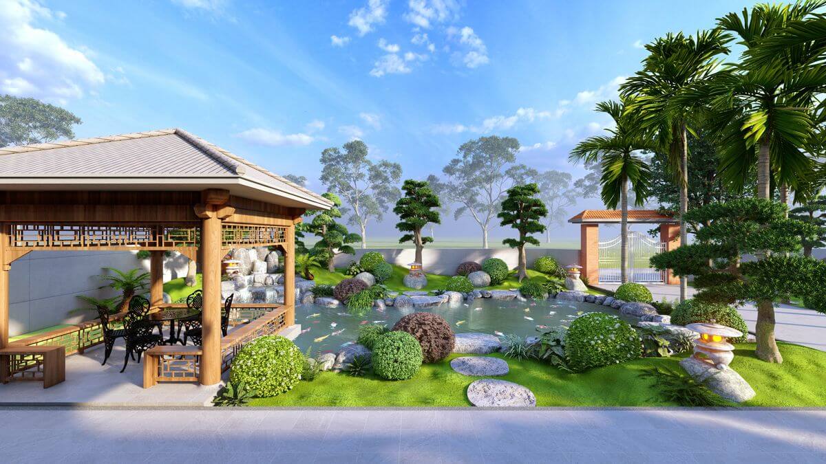 Sân vườn Nhật với hồ cá Koi
