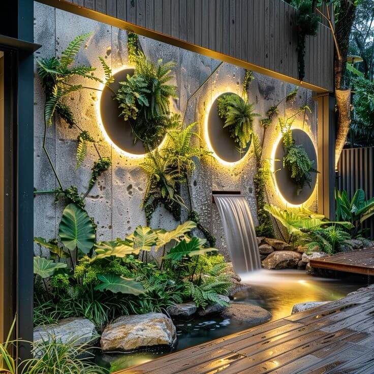 Suối nhân tạo mini bên cạnh tường rào