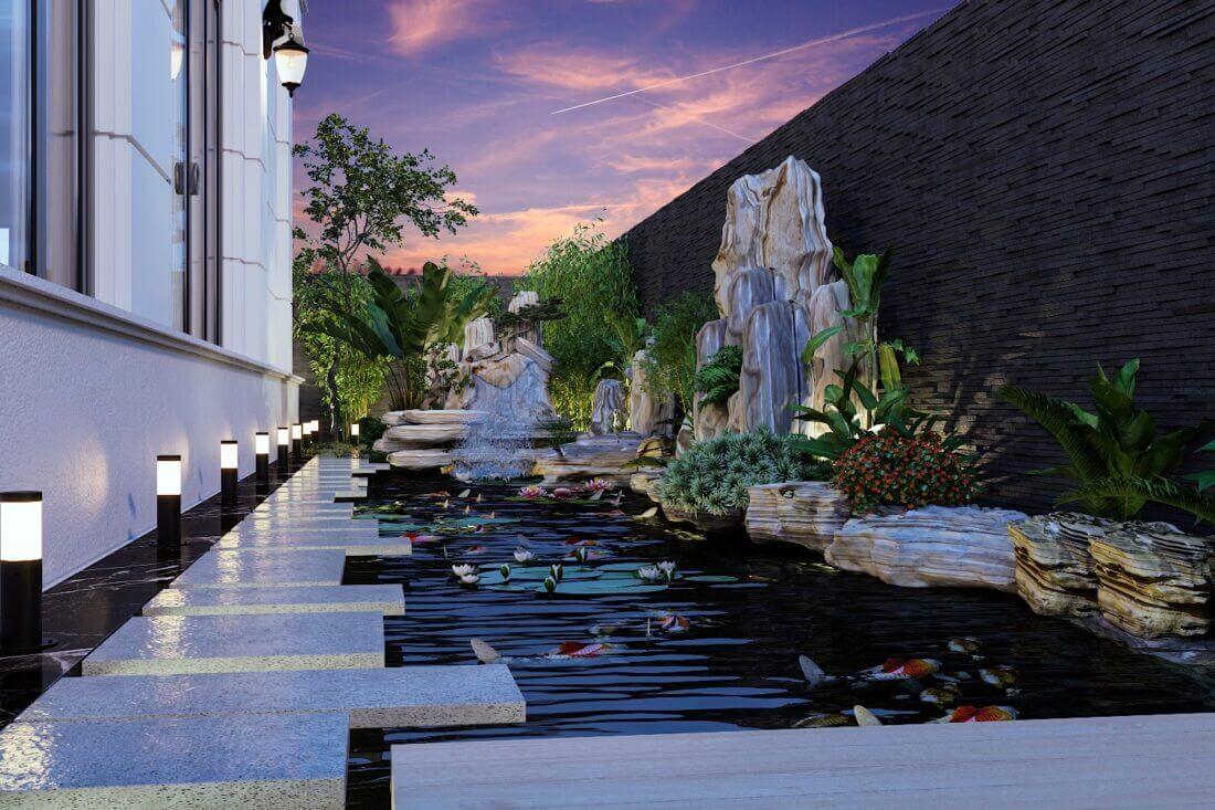 Thiết kế sân vườn 3D thực tế với hồ cá Koi