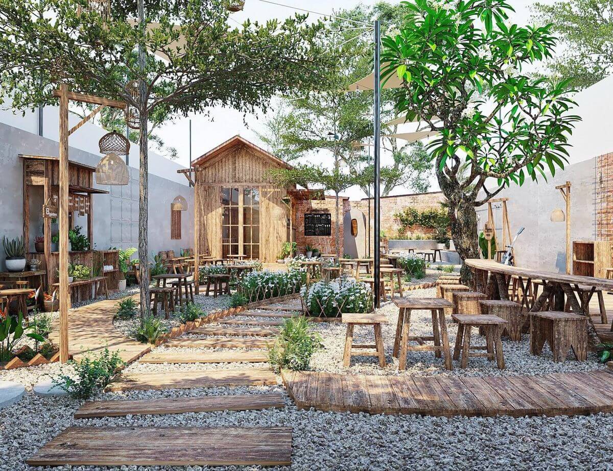 Thiết kế sân vườn quán cafe xanh mát và ấn tượng
