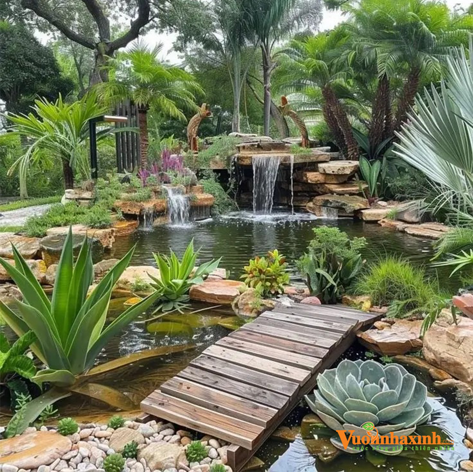 Thiết kế suối nhân tạo mini kết hợp đá cuội và cây xanh.