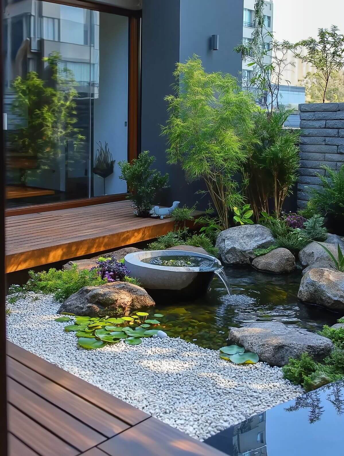 Tiểu cảnh hồ cá mini kết hợp cây cảnh trong thiết kế sân vườn nhà phố nhỏ hẹp