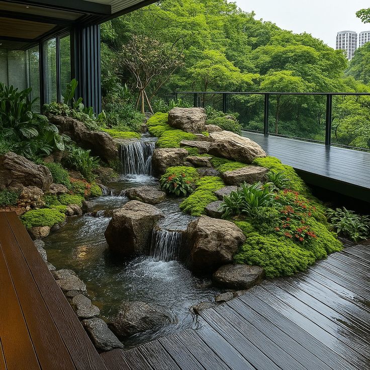 Vật liệu suối nhân tạo kết hợp rong rêu đá và hoa